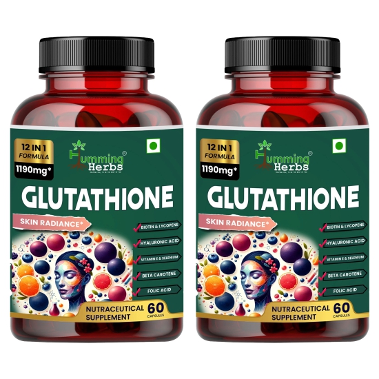 Humming Herbs Glutathione Skin Radiance Capsules - 1190mg Antioxidant Formula with Hyaluronic Acid, Alpha Lipoic Acid, Biotin & Vitamins for Brightening & Anti-Aging - Pack of 2