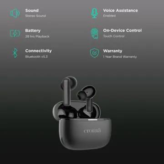 Croma TWS Earbuds with Active Noise Cancellation (Water Resistant, Fast Charging, Black)