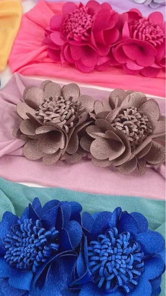 Broad cloth band with pair of satin organza flowers-Aqua