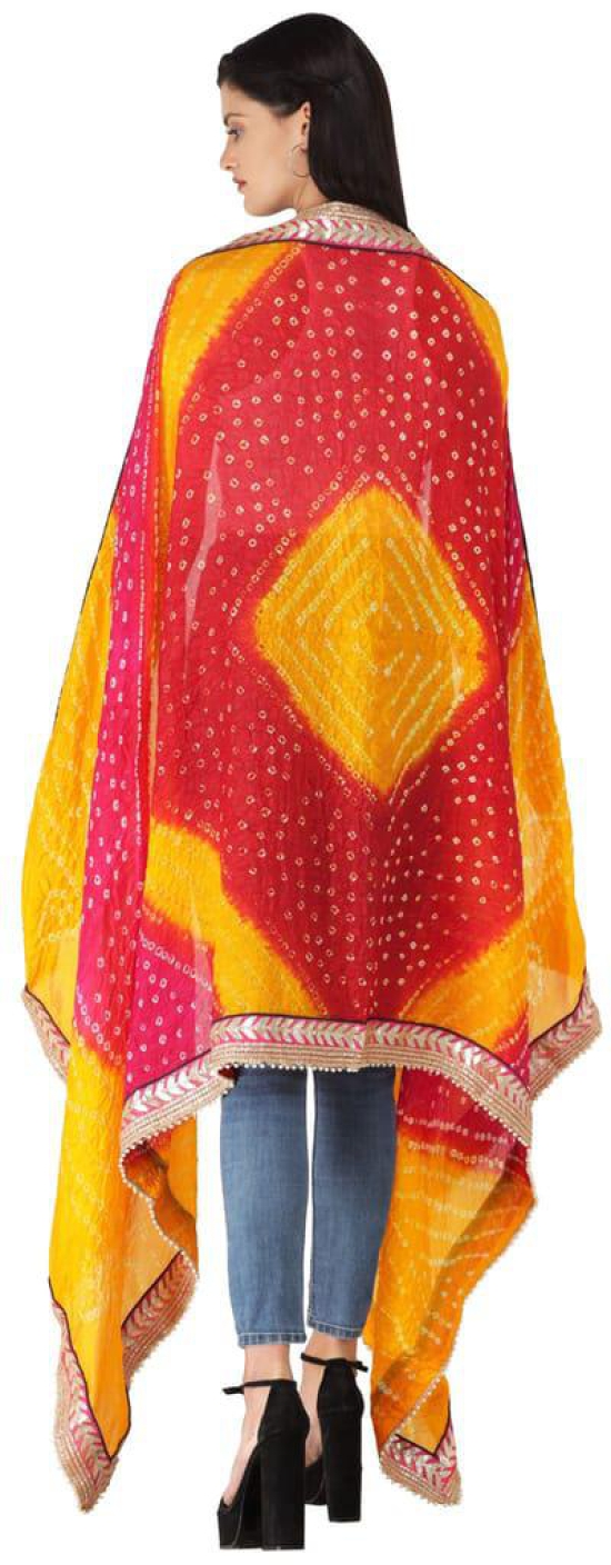 Scarlet-Marigold Multi-coloured Tie-Dye Bandhani Dupatta From Gujarat with Zari Patch Border and Beadwork
