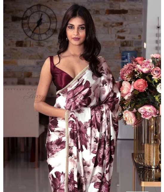 Apnisha Satin Printed Saree With Blouse Piece - Wine ( Pack of 1 ) - Wine