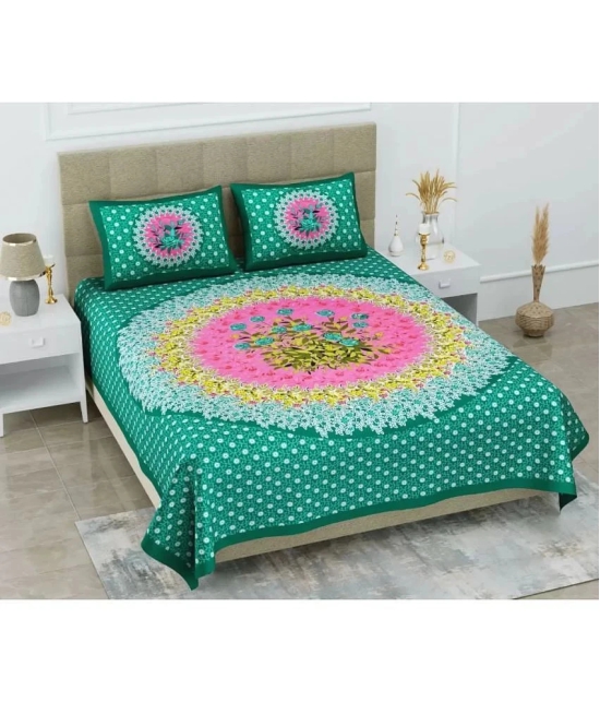 FrionKandy Living Cotton Floral Double Bedsheet with 2 Pillow Covers - Sea Green - Sea Green