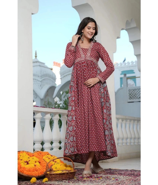 Vbuyz Cotton Printed Anarkali Womens Kurti - Maroon ( Pack of 1 ) - None