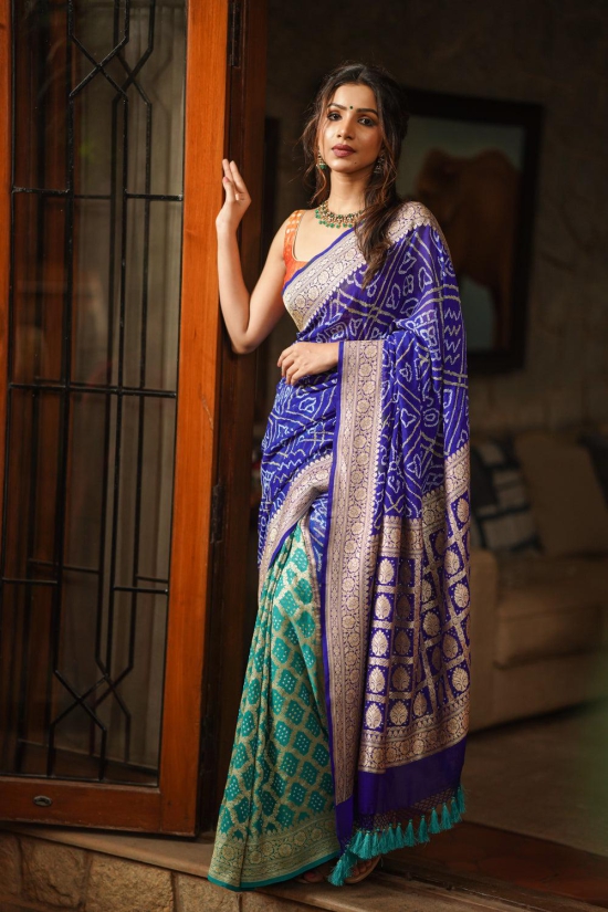 Blue and Turquoise blue Half and Half Exquisite Bandhni Saree with Jaal zari and Sarkam Bandhej | SILK MARK CERTIFIED