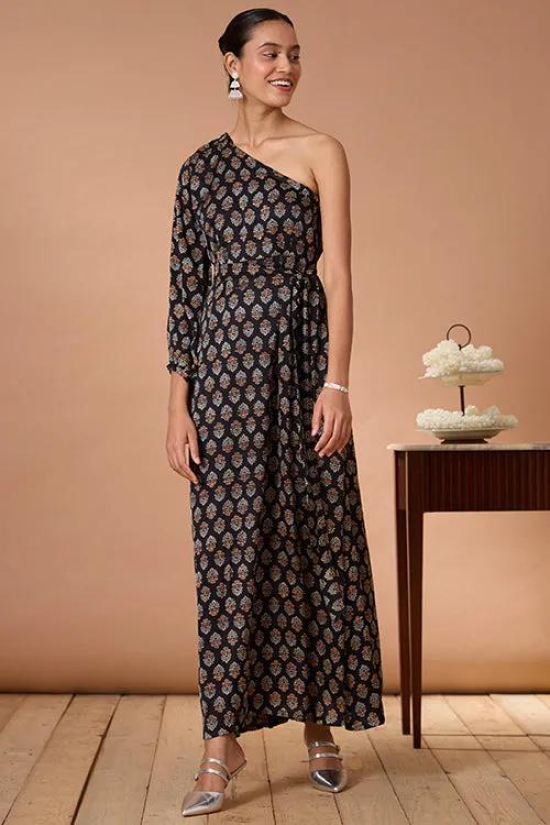 Okhai Garnet Gypsy Handblock Printed Modal Ajrakh One-Shoulder Dress-XXS