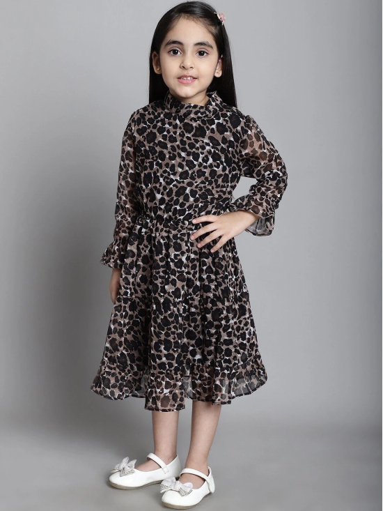 MINI & MING Girls Animal Print Mock Neck Bell Sleeves Georgette Fit & Flare Midi Dress