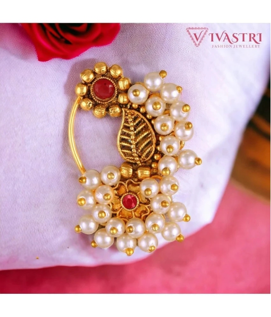 Vivastris Premium & Elegant Peackock Style Cubic Zirconia Bead Studded Nose Rings For Women & Girls -VIVA1280NTH-PRESS-RED - Red