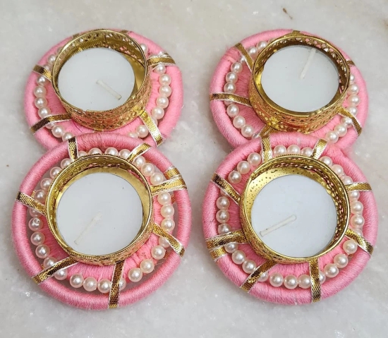 Elegant Pearl and Fabric Tealight Candle Holder Set