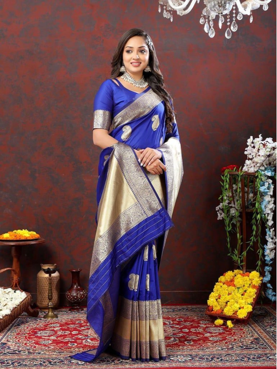 Blue Soft Silk Woven Design Gold Zari Weaving Saree