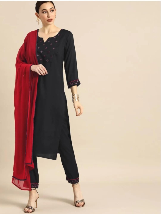 Black Party Wear Embroidery Worked Kurta With Pant And Duppata Set-S-36 / Black