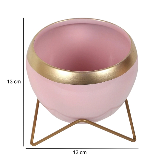 Apple Shape Metal Pink & Gold Planter (Set of 2)-Pink & Gold