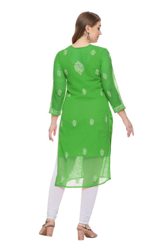 Lavangi Women Lucknow Chikankari Mehndi Green Georgette Kurti with Matching Cotton Inner