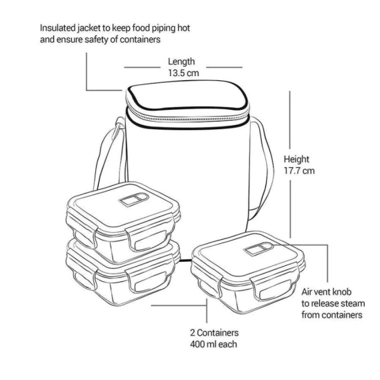 Treo All Fresh 320 ML Borosilicate Glass Square 3 Container Tiffin Box with Cover | Transparent