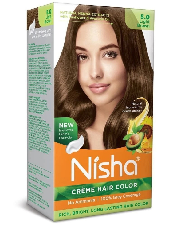 Nisha Creme Hair Color 5.0 Light Brown 120g, Permanent Hair Color for Women Men, Ammonia Free Hair Colour