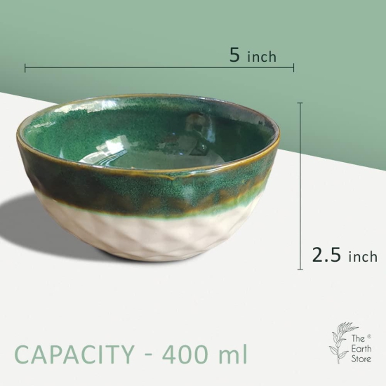 The Earth Store Studio Pottery Dual Tone White Green Ceramic Snack Bowls Set of 2 for Serving Pasta, Noodle, Maggi, Cereal Microwave Safe Salad Bowl, Mixing Bowl for Snacks