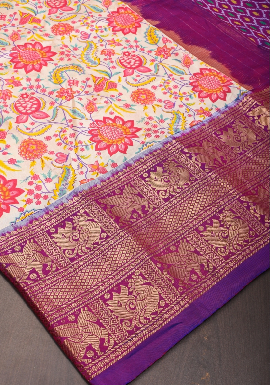 Exquisite Pochampally Ikkat Kanjivaram Pure Silk Digital Print saree in Beige and Purple with Zari Border  I SILK MARK CERTIFIED