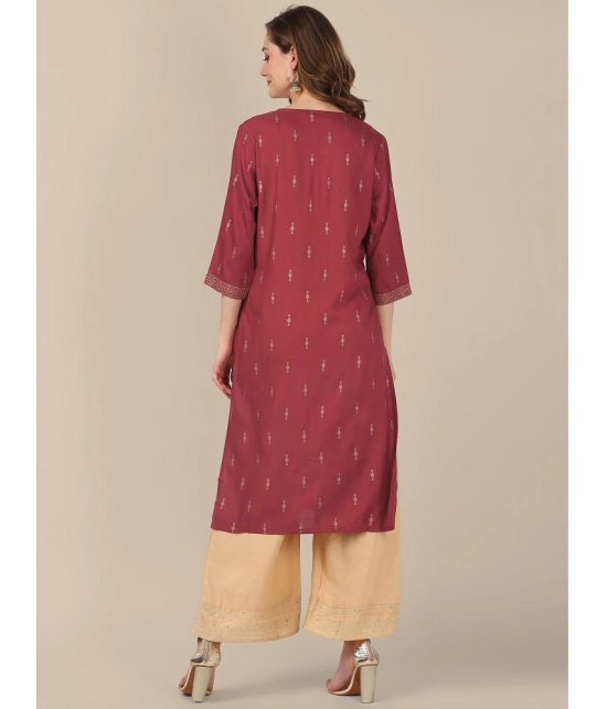 Rangita Women Rayon Maroon Gold Printed Placket Knee Length Straight Kurti - None