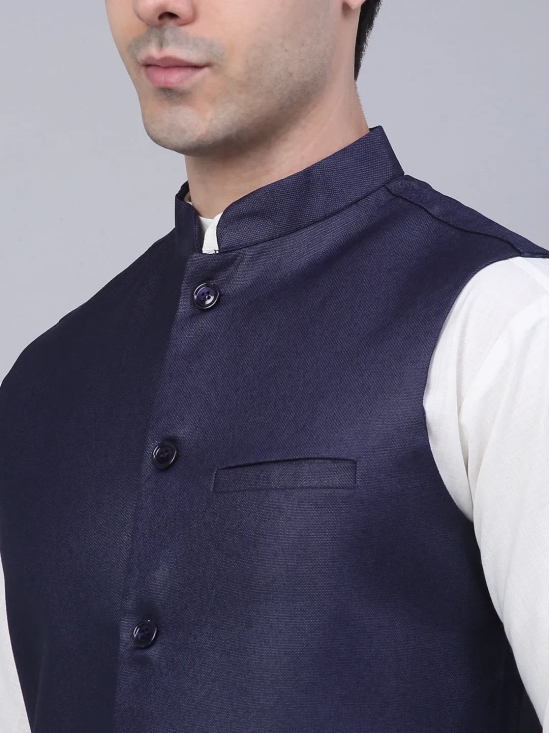 Men Navy Blue Solid Woven Sleeveless Nehru Jackets-S / Navy-Blue