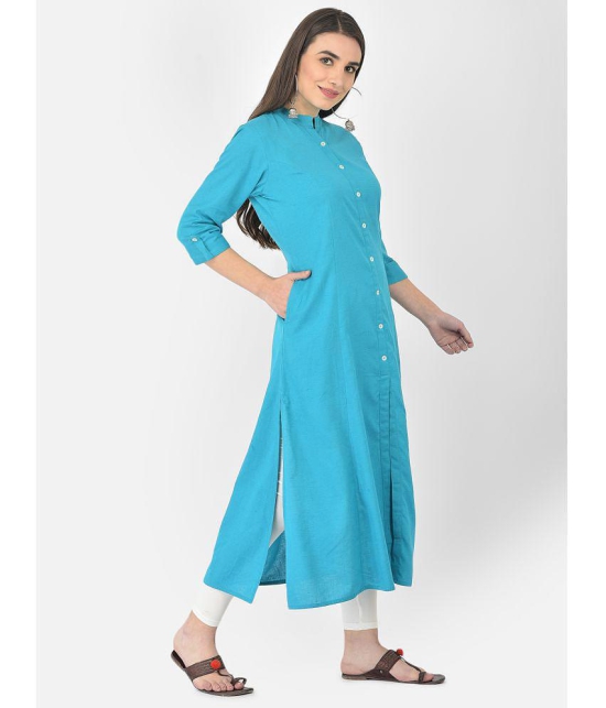 Pistaa - Turquoise Cotton Blend Womens Front Slit Kurti ( Pack of 1 ) - None