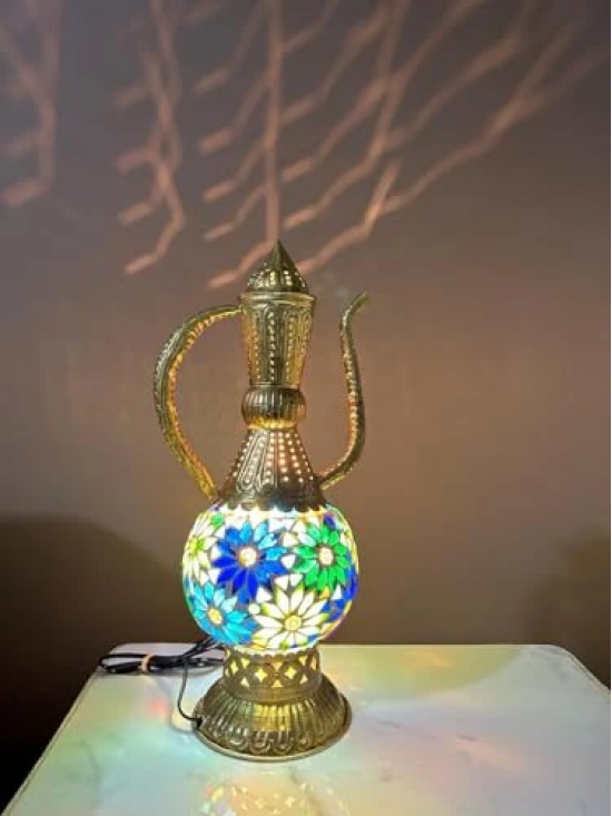 Aarna Creations Metal Mosaic Lamp in Surai Style| Hand-Carved Antique Metal and Ceramic Designer Lamp | Assorted Artistic Metal Ceramic with Glass Work Lamp in Jug Shape