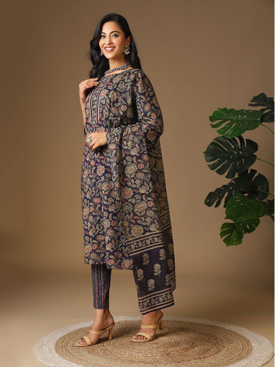 Rangita Women Cotton Navy Blue Floral Printed Calf Length Straight Kurti With Pants With Dupatta - None