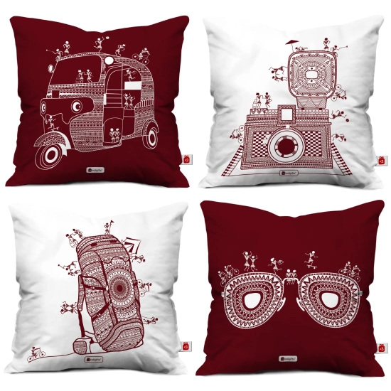 Indigifts Printed Small Cushion Covers 18x18 Travellers Themed Warli Art Digitally Printed Pillows Set of 4 - Diwali Decoration For Home, Gift For Traveller Friend, Ethnic Print Cushion