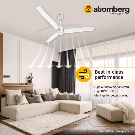 Atomberg Renesa 1200 mm BLDC Motor with Remote 3 Blade Ceiling Fan (White, Pack of 1)