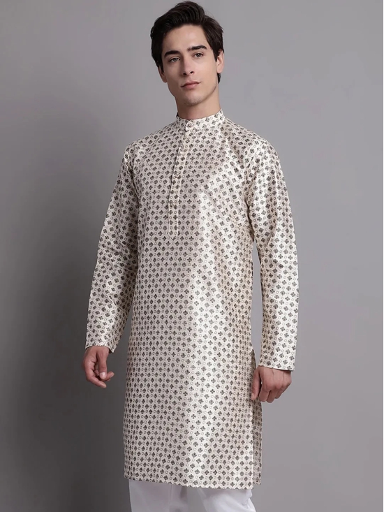 Men's Grey Printed Silk Blend Kurta-XXL / White