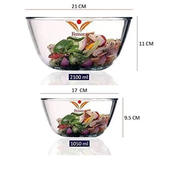 Femora Borosilicate Glass Microwave Safe All-Purpose Mixing Bowls,1050 ML, 2100 ML, Set of 2