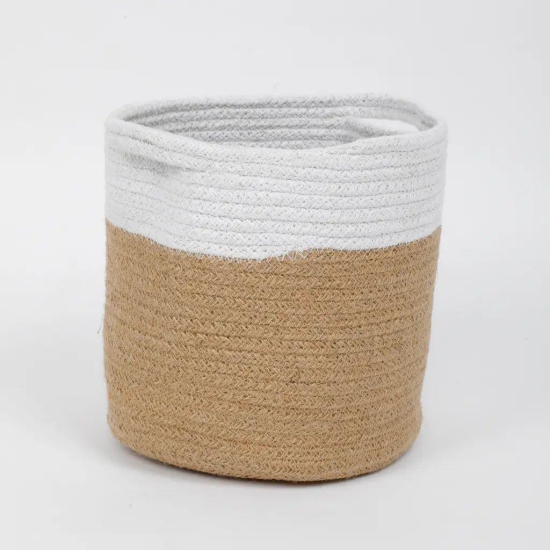 Jute Cotton Handle Basket Dual Color, 8x8, white, beige | Q