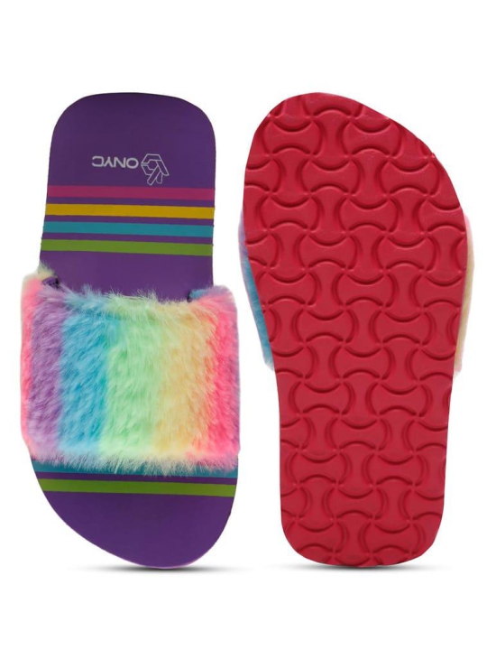 ONYC Kids Slippers for Girls, Premium Rainbow Fur Sliders, Purple