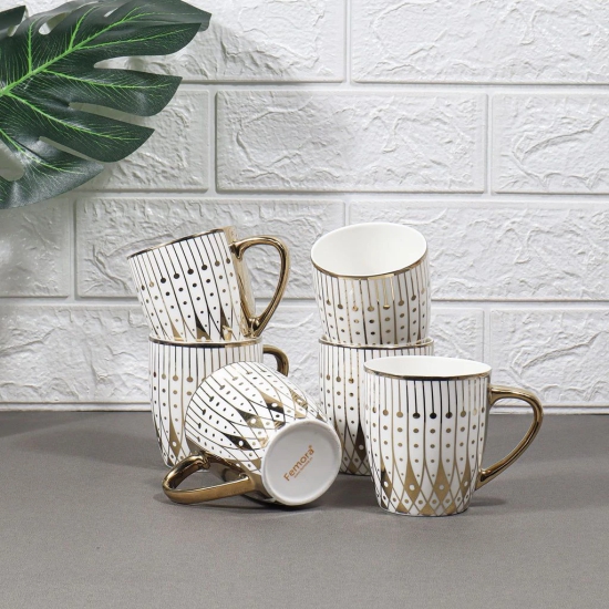 Femora Gold Modern Pattern with White Background Golden Tea Mugs, Ceramic Tea Cups, Coffee Mugs (160 ml, Golden) - 6 Pcs Set