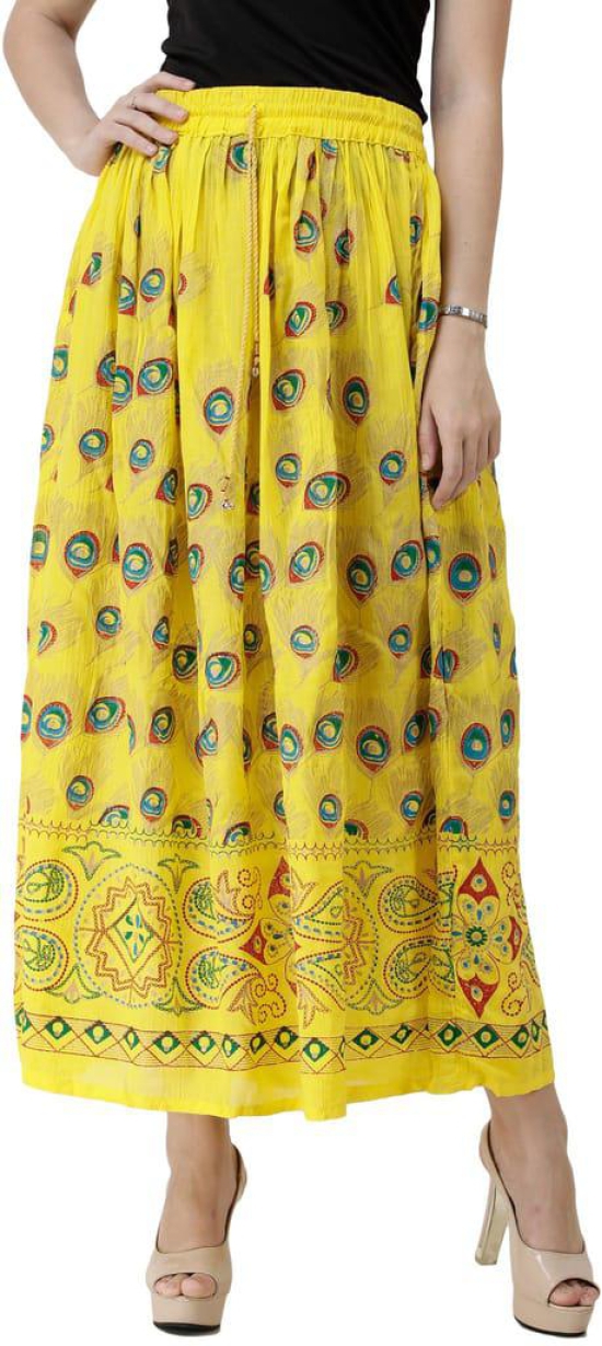 Maize Long Skirt with Printed Peacock Feathers