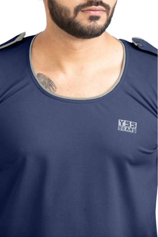 Men Solid Round Neck Polyester Dark Blue T-Shirt