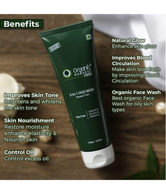 Organic Harvest 3-In-1 Face Wash For Oily Skin, Cleanser For Women Daily Use With Benefits Of Cleansing + Scrubbing + Whitening - 100gm