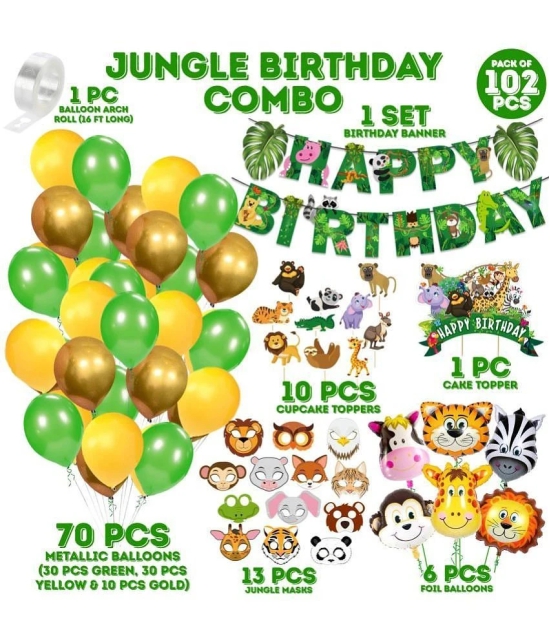 Zyozi Jungle Safari Happy Birthday Decoration Combo - Birthday Decoration Banner with Balloons, Cake Topper, CupCake Topper, Sticker and Foil Balloons (Pack of 102) - Multicolor