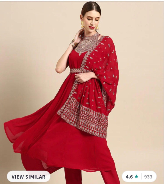 Women Red Ethnic Motifs Embroidered Kurta with Trousers & Dupatta-XXL