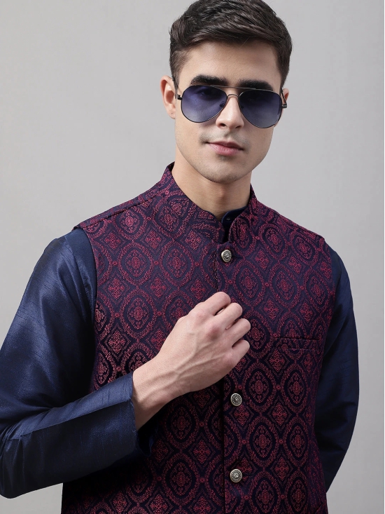 Men Navy Blue and Maroon Woven Design Waistcoats-XL / Maroon