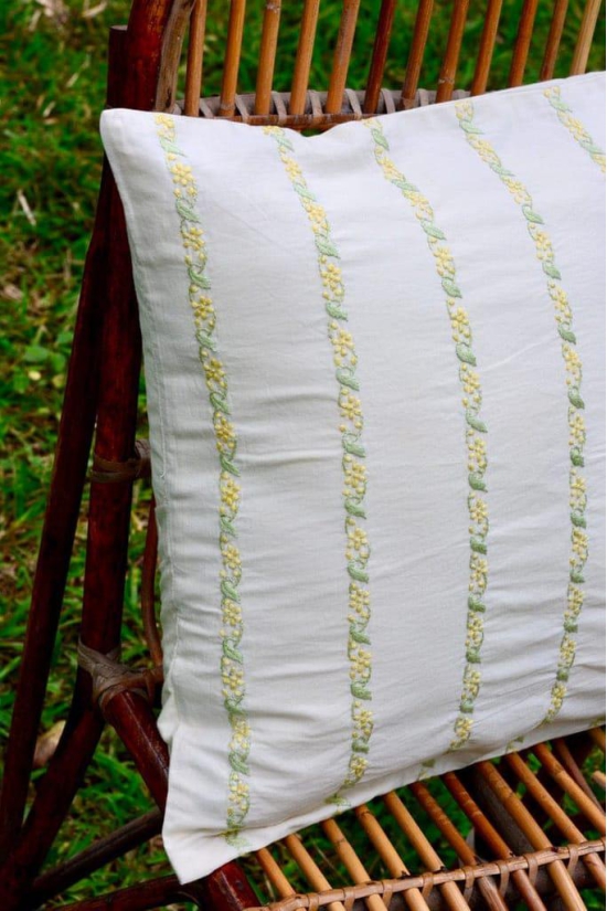 Bageecha Mint Green & Lemon Chikankari Stripe Cushion Cover (16X16 inch)