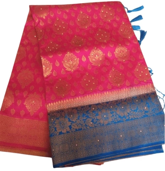 Pink and gold zari woven Kanjivaram silk saree with blouse piece