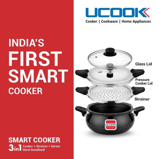 UCOOK By UNITED Ekta Engg. Smart 3 in 1 Hard Anodised Induction Base 3 Litre Handi Shape Multipurpose/All in one Pressure Cooker with Strainer and Glass Lid, Black