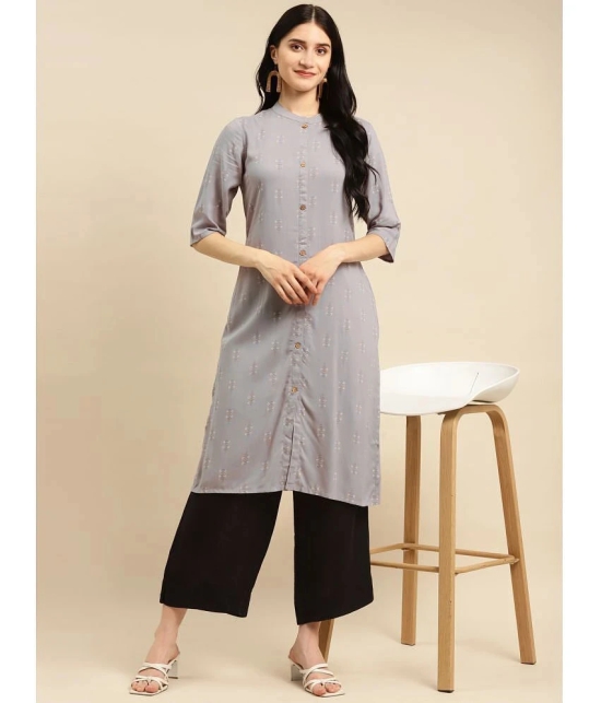 Rangita Women Rayon Light Grey Gold Printed Calf Length Straight Kurti With Front Button Placket - None