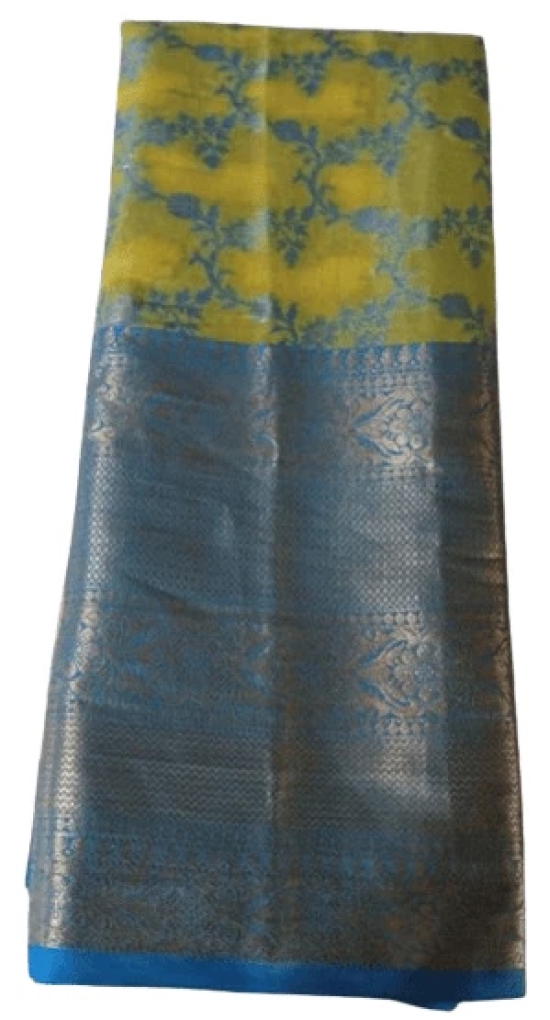 Yellow Tissue Saree With Blue Zari Border