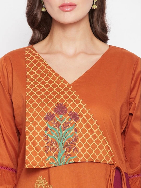 Women Rust & Maroon Floral Printed Angrakha Pure Cotton Kurta With Palazzos