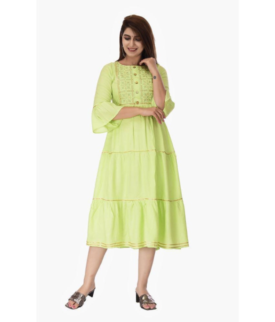 Maquien - Green Rayon Women's Tiered Flared Kurti ( Pack of 1 ) - S