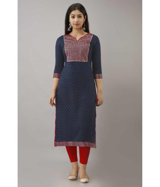 OFLINE SELCTION - Navy Blue Cotton Blend Women''s Straight Kurti ( Pack of 1 ) - None