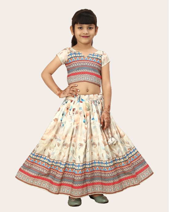 Kids Girls Multi Color Rayon Silk Bandhani Printed Lehenga Choli | Girls Ethnic Wear: Printed Lehenga Choli Set-White / 7 Years-8 Years