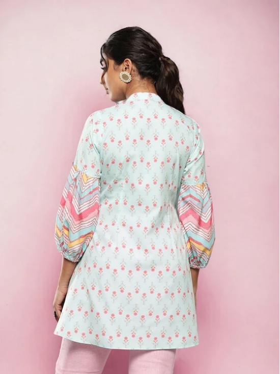 Sea Green & Pink Mandarin Collar Printed Tunic