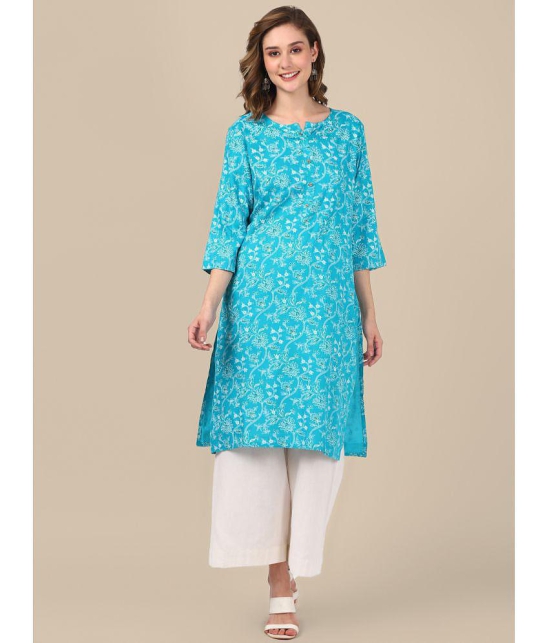 Rangita Women Rayon Turquoise Floral Printed Knee Length Straight Kurti - None