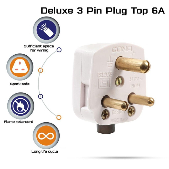 CONA 1986 Deluxe 3 Pin Plug Top 6A, 240V-White|3 Pin Top|Electrical Top - Pack of 10